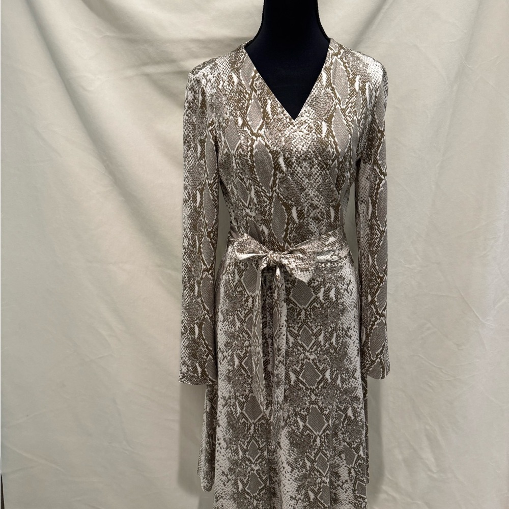 Diane Von Furstenburg Tan and Cream Snake Print Silk Jersey Wrap Dress